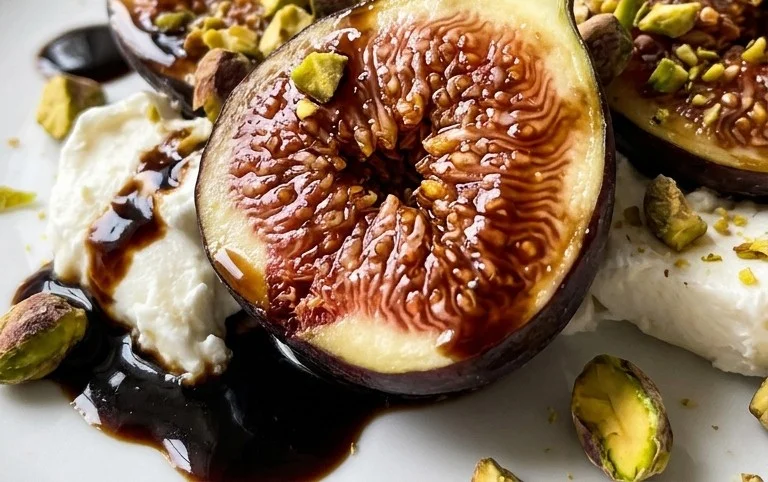 Warm Figs with Goat Cheese, Pistachios and Balsamic Glaze